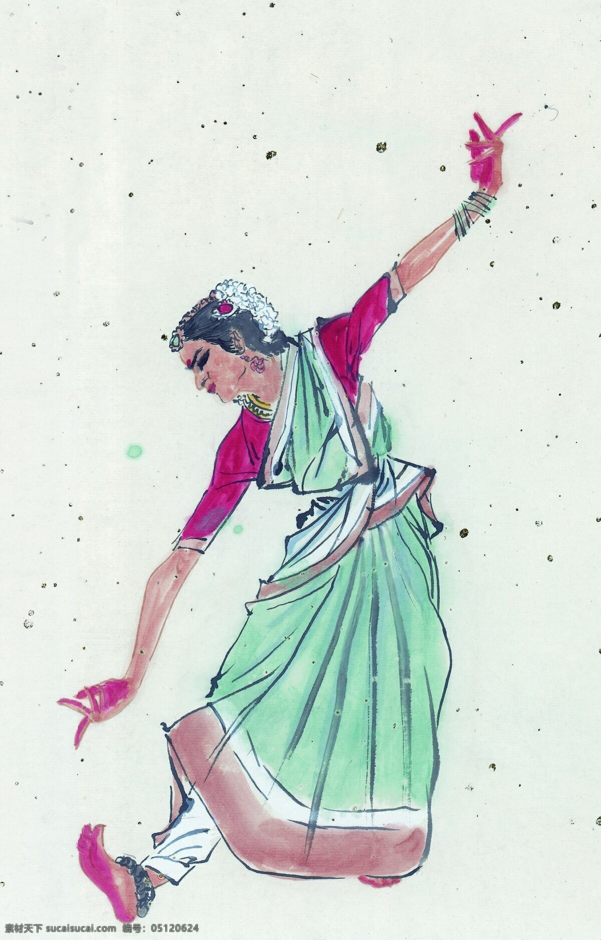 古典 美女 起舞 图 长裙 动作 绿色 舞步 文化艺术