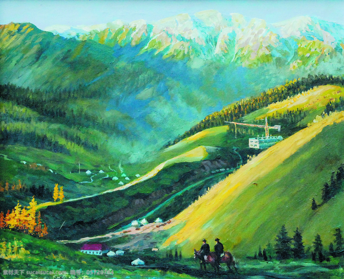 草地 房屋 风景画 绘画书法 美术 山村 山岭 新 牧区 设计素材 模板下载 新牧区 油画 树木 树林 牧民 油画艺术 文化艺术