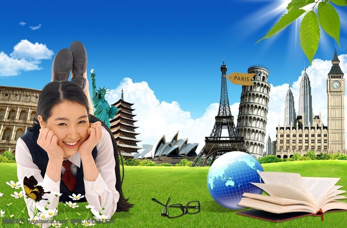 大学生 文件 源文件 psd源文件 草地 风景 风景ps素材 蝴蝶 花 浪漫 楼房 美女 草地上的美女 学生 模特 球 书 树叶 时尚 自然 清新
