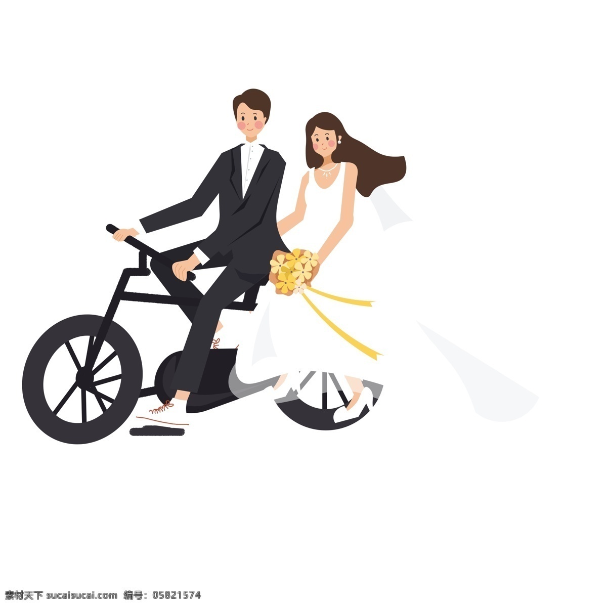 小 清新 骑 自行车 新郎 新娘 商用 元素 小清新 可爱 人物 插画 卡通 捧花 婚礼人物