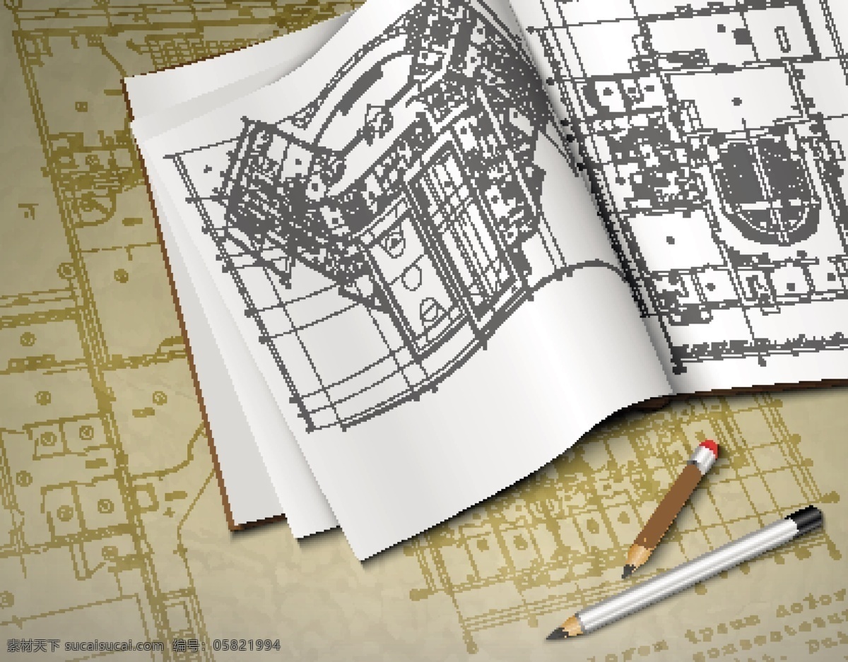 施工图 铅笔 铅笔素材 图纸 图纸设计 建筑图纸 古老图纸 矢量素材 宣传展板 矢量背景 工业生产 现代科技 白色