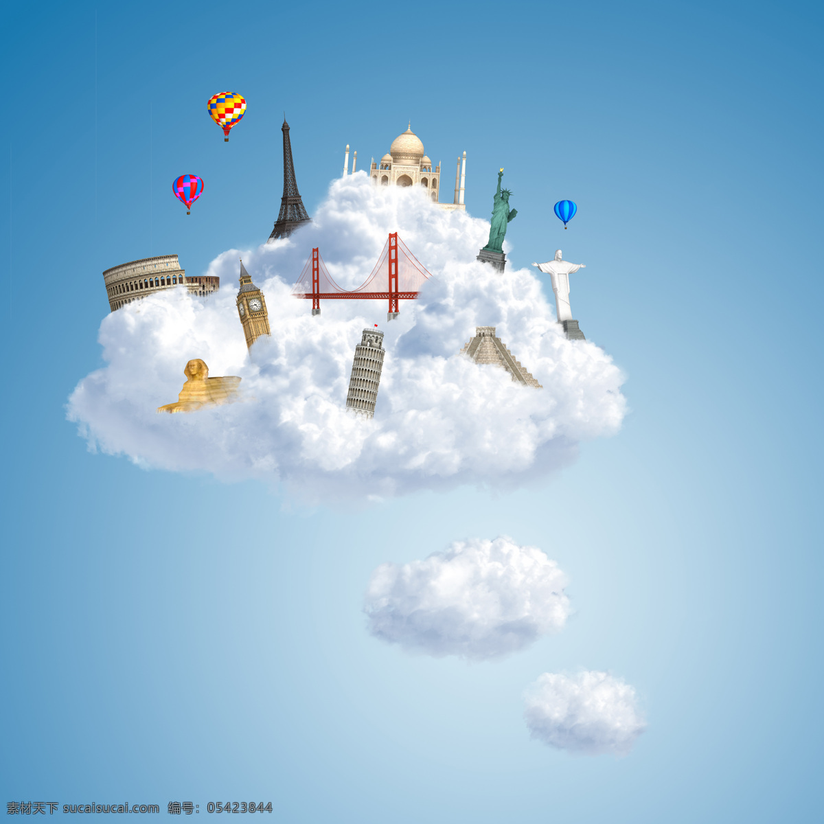 云朵 中 旅游景区 罗马 埃菲尔铁塔 自由女神像 热气球 建筑设计 环境家居 蓝色