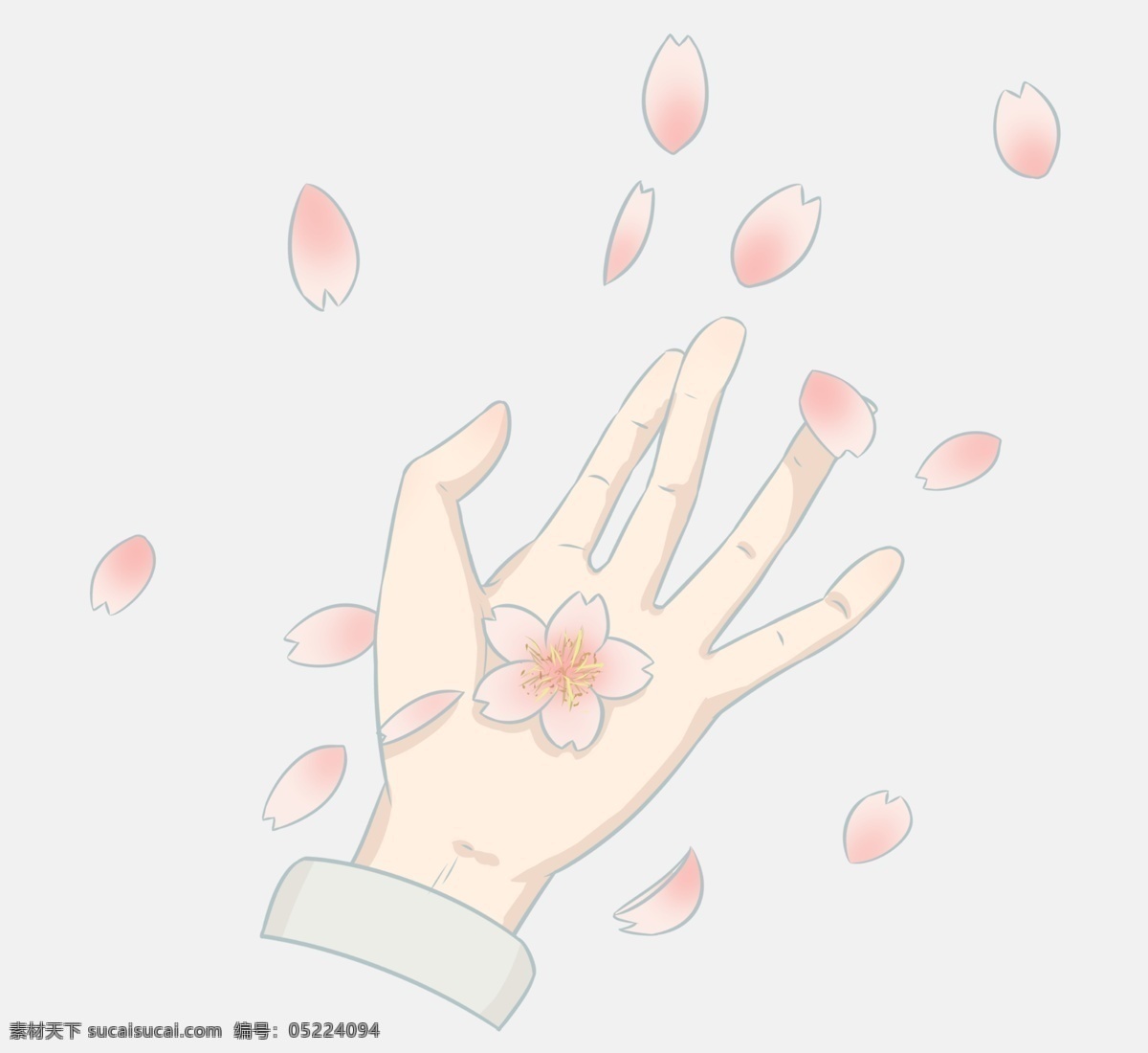 飘落 樱花 手指 插画 漂亮的樱花 粉色的樱花 粉色的花瓣 立体樱花 卡通樱花 白色的手掌 日本樱花