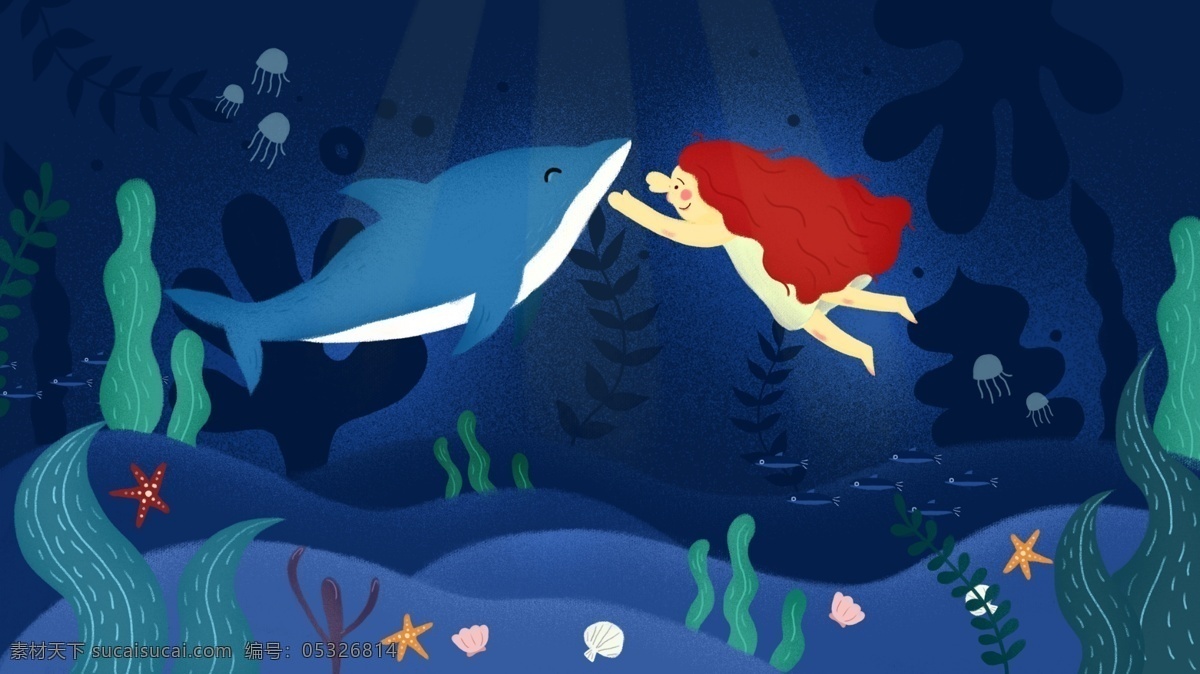 世界 海洋 日 小 清新 原创 插画 世界海洋日 节日 蓝色 美女 海豚 动物 海底 配图