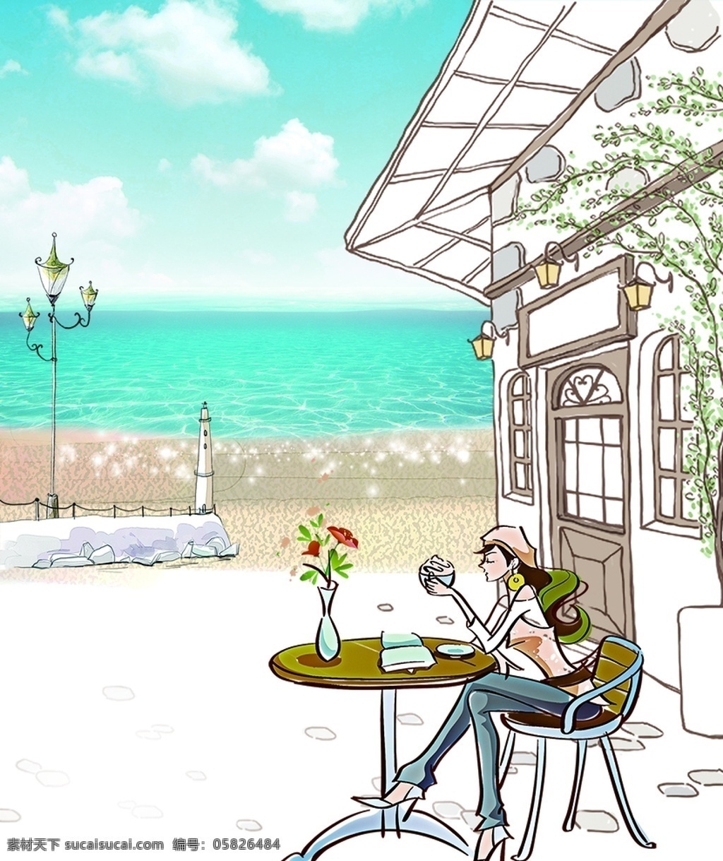 海边咖啡厅 海 沙滩 咖啡厅 灯 休闲 分层
