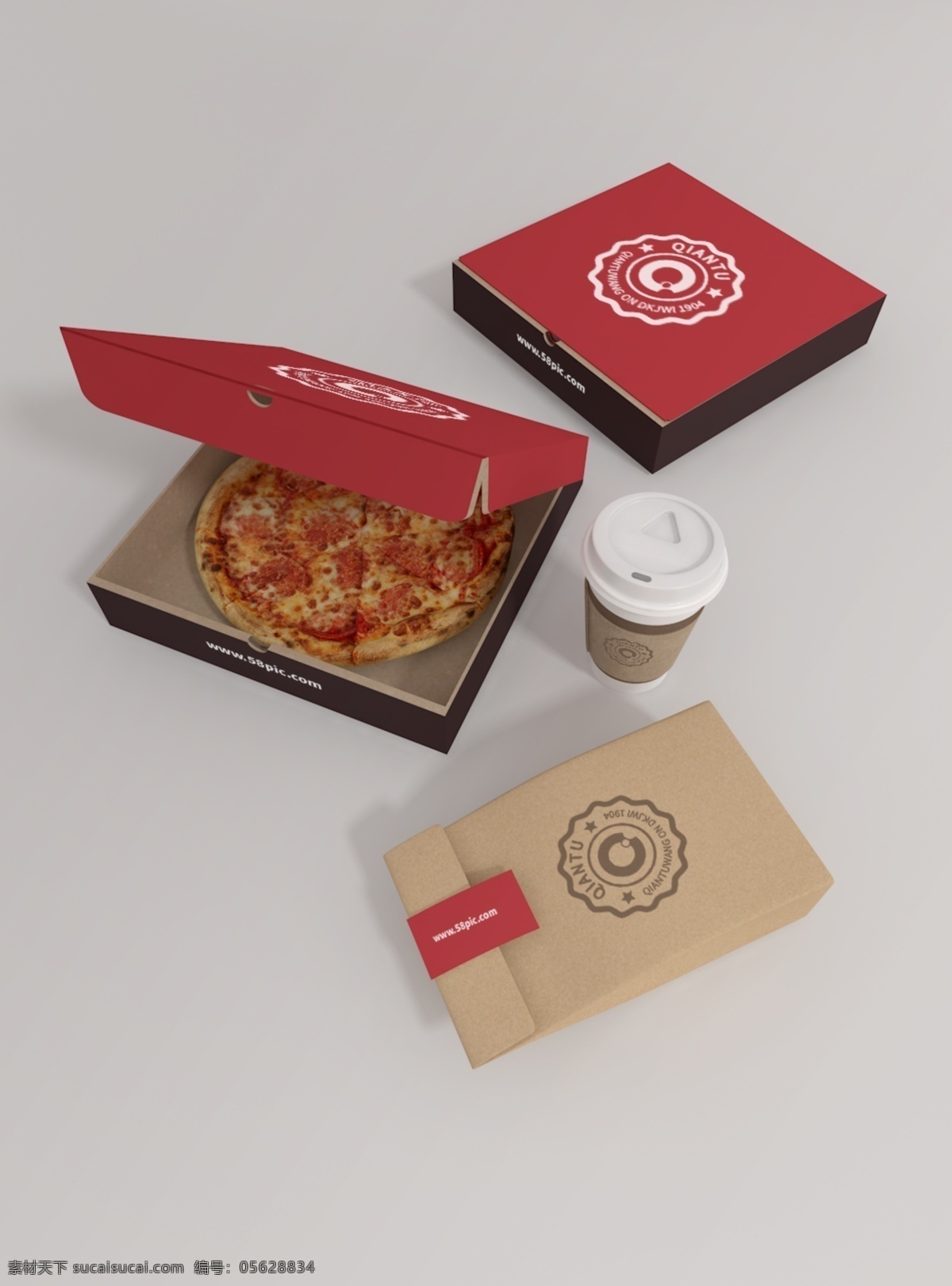 原创 模型 披萨 盒子 样机 打包 组合 套装 mockup 智能图层 一键贴图 袋子 方盒子 杯子 餐饮店 快餐盒子 包装样机