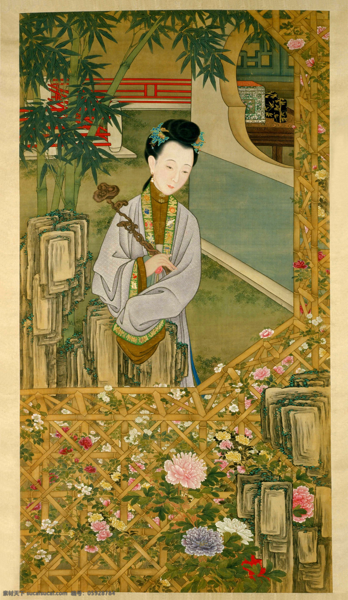 赏花 灵芝 长裙 飘带 美女 凤簪 花卉 青草 翠竹 山石 院落 门洞 门窗 栏杆 桌子 仕女 国画 清代 佚名 人物 工笔 古典 古代 印章 绘画 书法 高清 大图 艺术 传统文化 名家工笔仕女 绘画书法 文化艺术