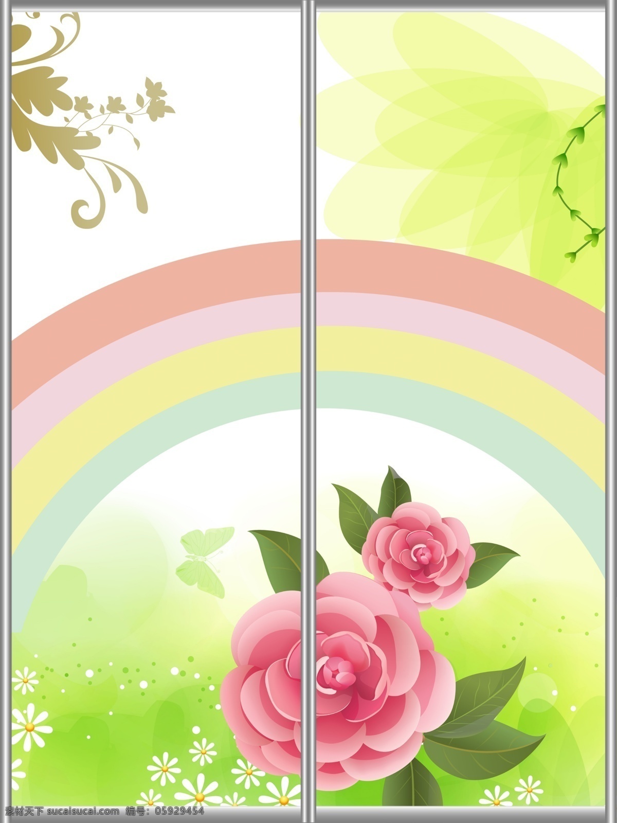 移门 彩虹 广告设计模板 花边 花朵 花纹 绿色背景 移门源文件 移门图案 源文件 家居装饰素材