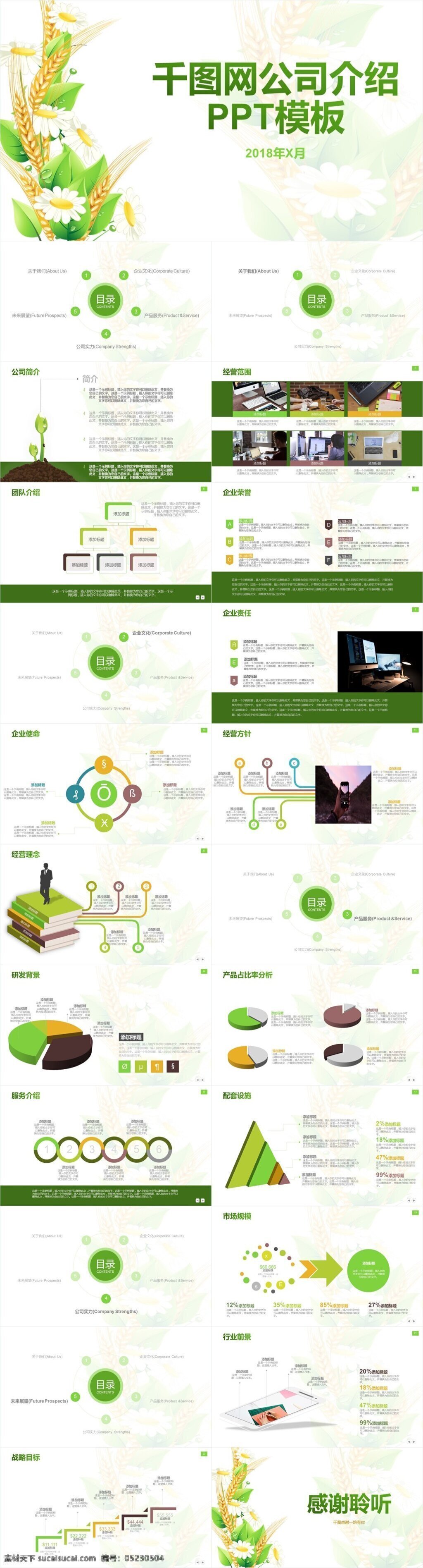 绿色 背景 简约 大气 公司 介绍 企业 宣传 通用 模版 丰收 麦穗 绿色系 公司简介 企业文化 产品服务 公司实力 未来展望 经营范围 团队介绍 荣誉 经营方针 理念 研发背景 产品占比 战略目标