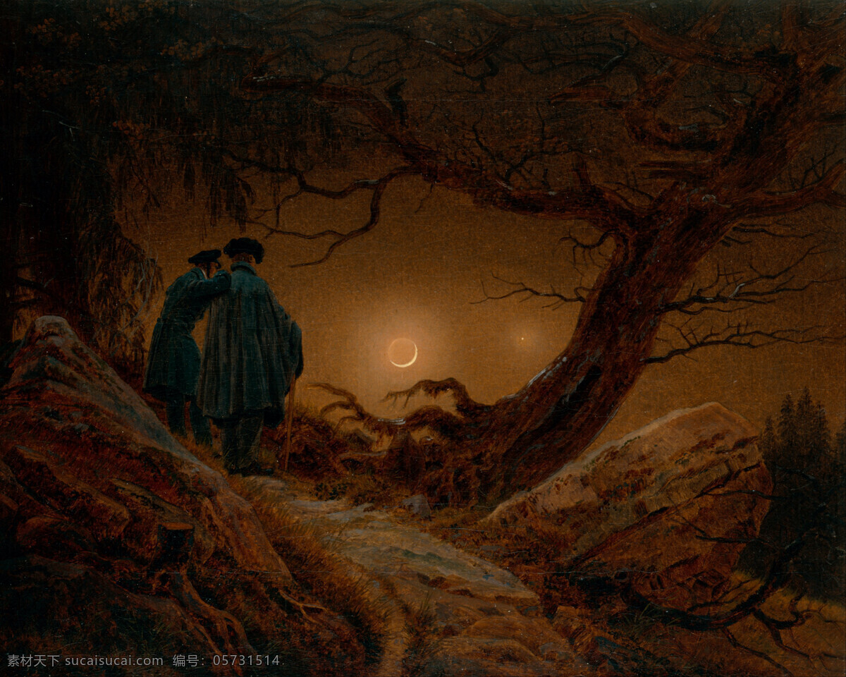 德国 绘画书法 两个人 山林 赏月 文化艺术 油画 卡 斯帕 戴维 弗里德里希 作品 凝视月亮 19世纪油画 家居装饰素材