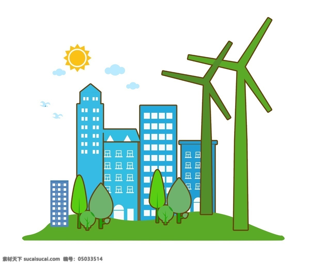 节约 用电 风车 环保 节约用电插画 卡通插画 风车环保 风力发电 节约能源 节能减排 火红的太阳