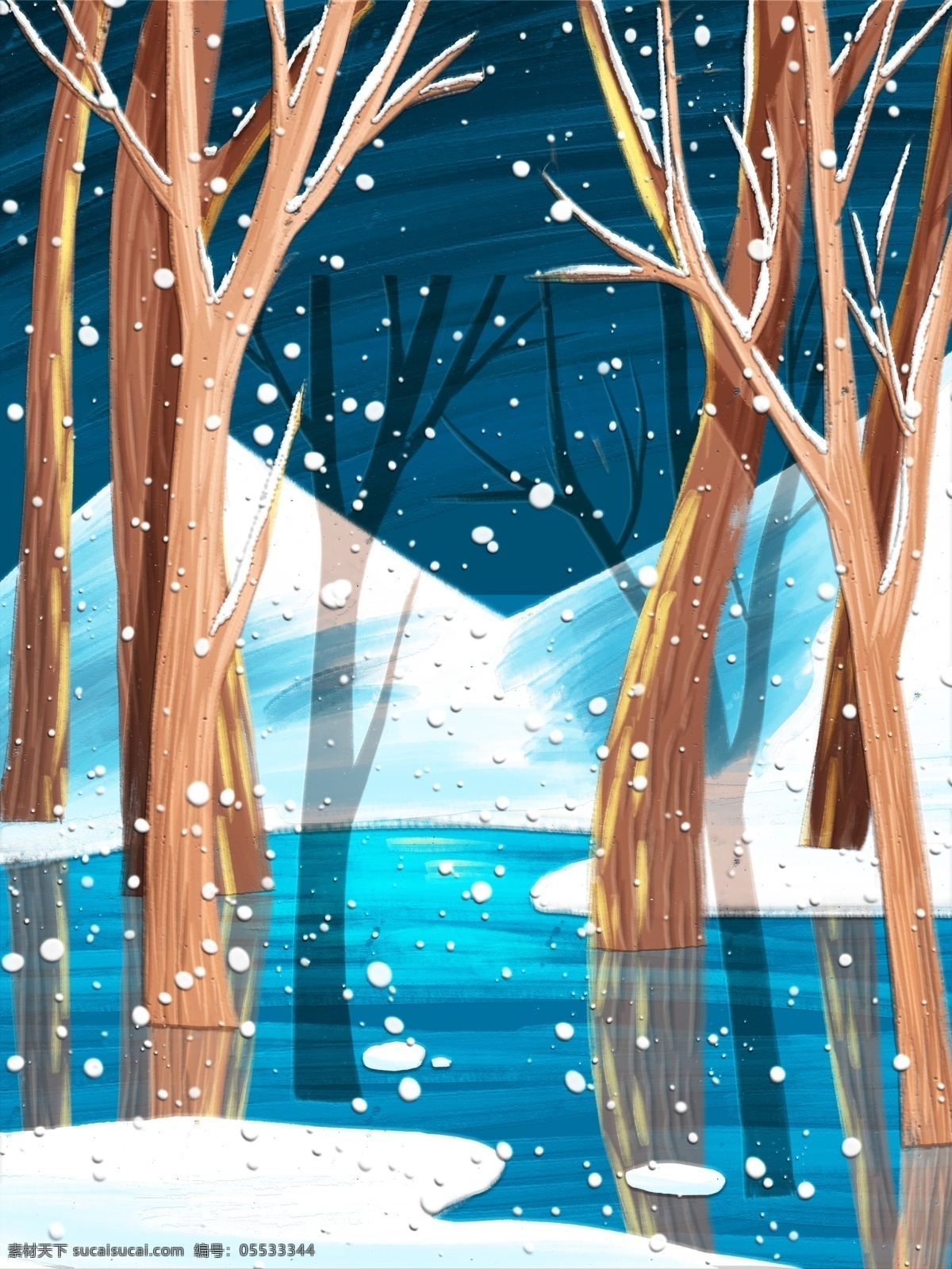 手绘 冬季 树林 雪山 风景 背景 下雪 冬天 雪山背景 背景设计 手绘背景 特邀背景 促销背景 背景展板图 背景图