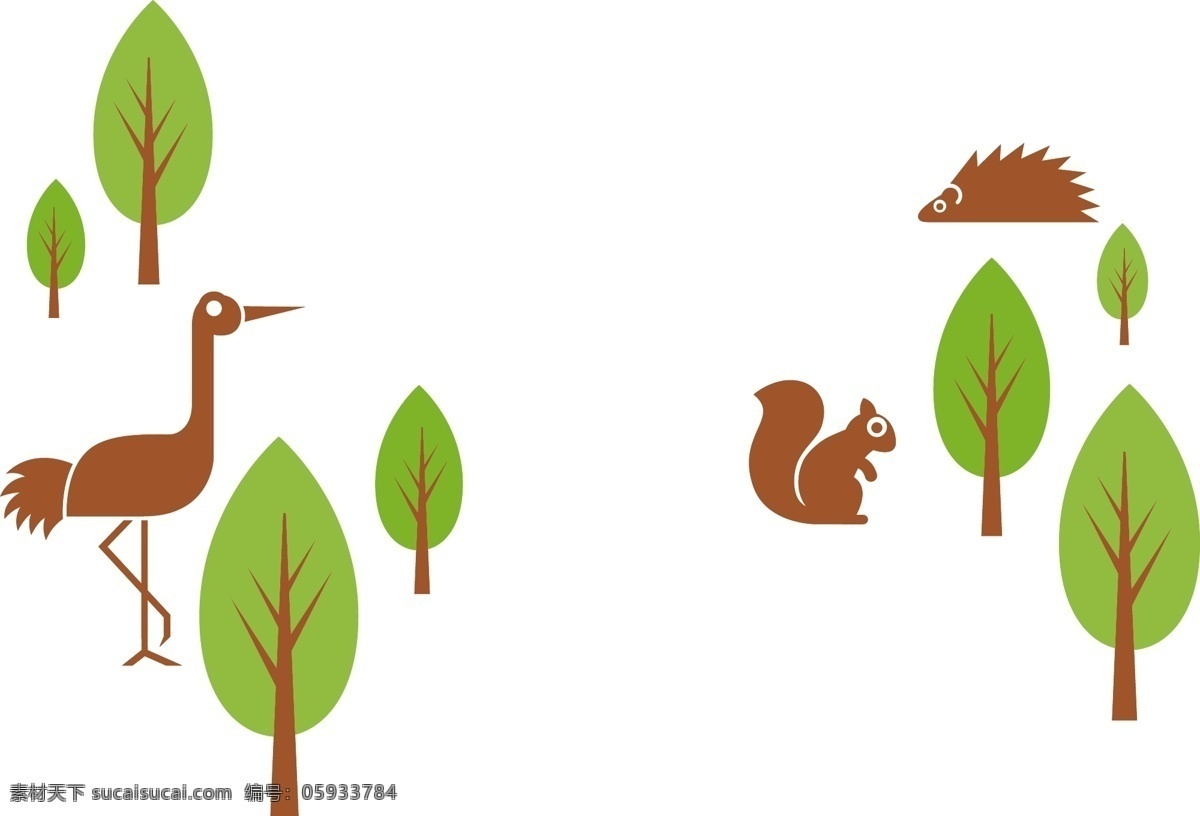 卡通森林 火烈鸟简笔画 小松鼠剪影 刺猬 小树 插画 文化艺术 绘画书法