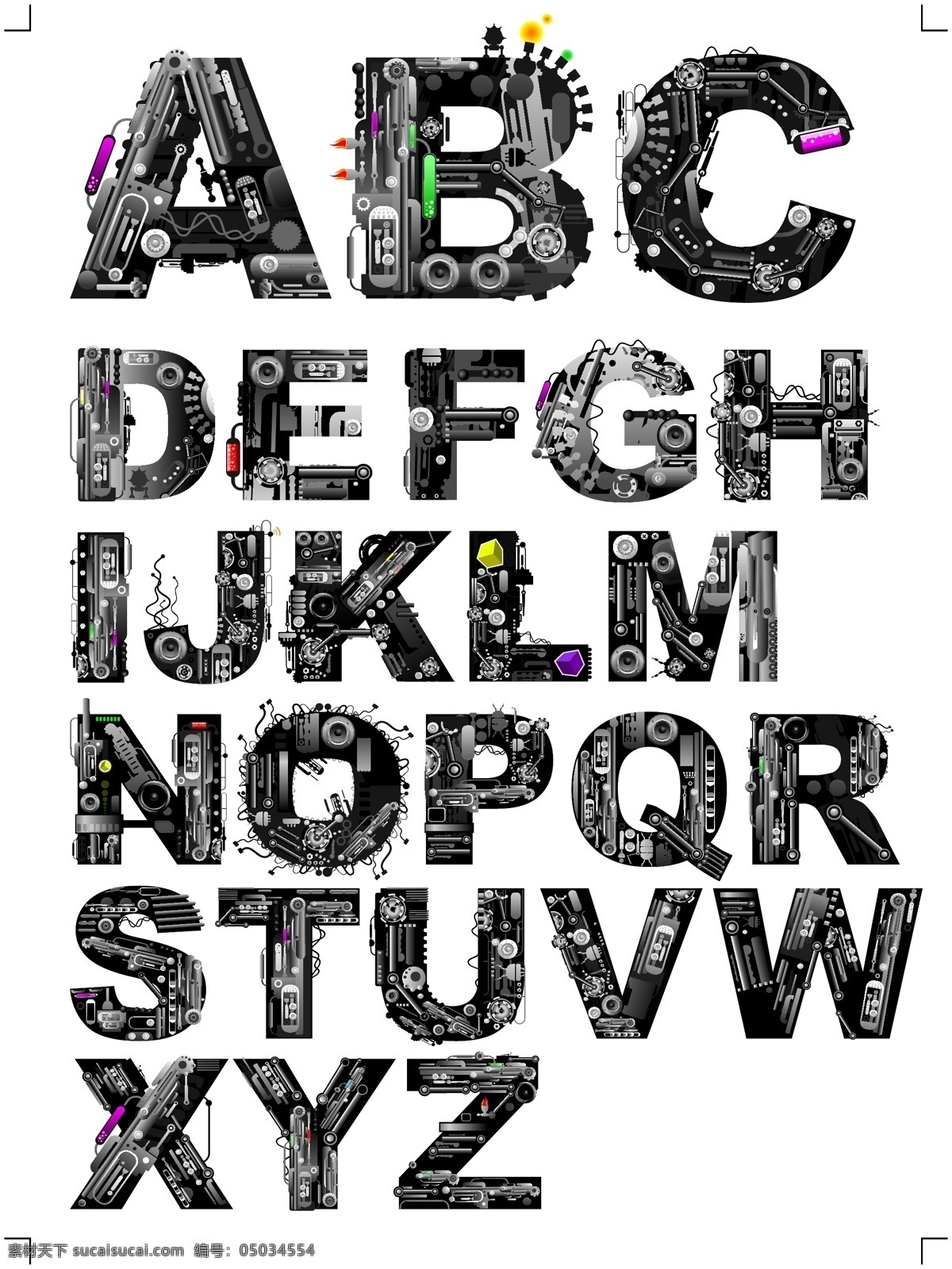 音乐感 涂鸦 字体 矢量图 机械 零件 矢量素材 绚丽 英文 字母 多样 艺术字