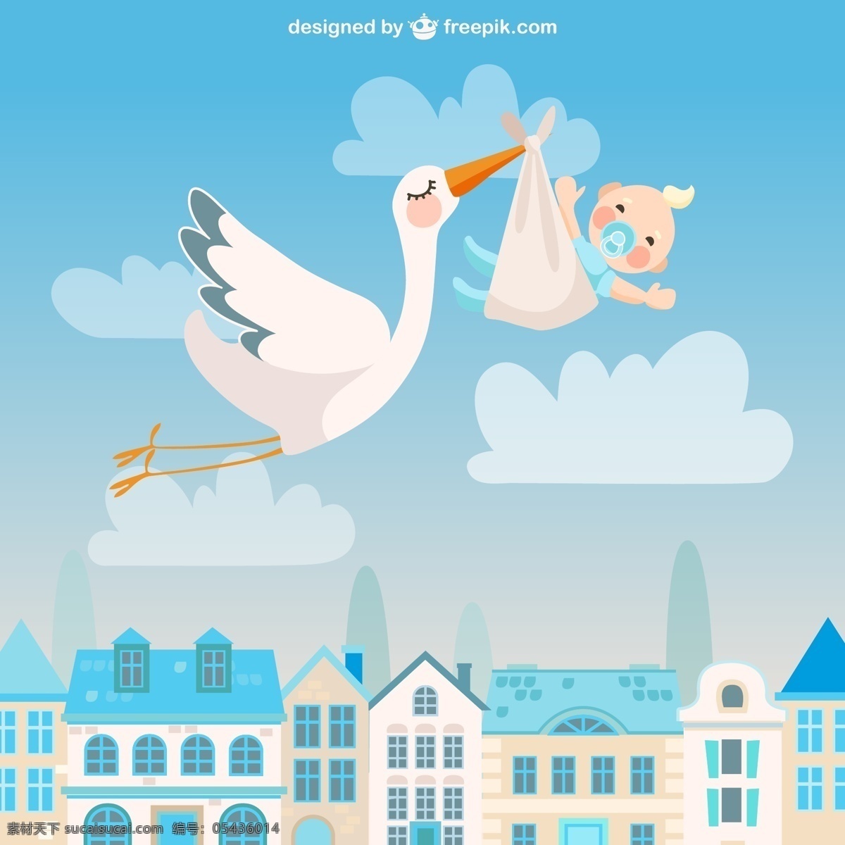 送 子 鹤和 婴儿 插画 矢量 青色 天 天蓝色 蓝天 送子鹤 白鹤 卡通 房子