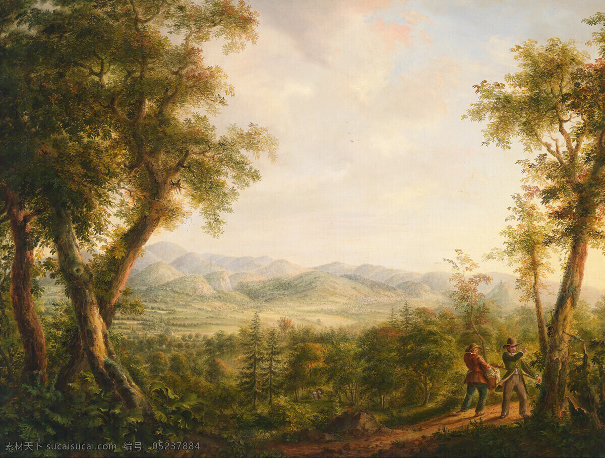 打猎 问路 树林 远山 猎人 交谈 19世纪油画 油画 文化艺术 绘画书法