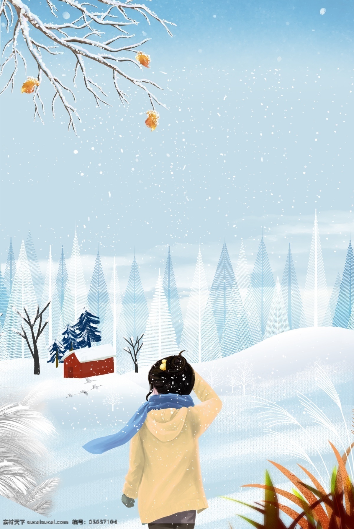 手绘 卡通 蓝色 大雪 背景 雪花 树枝 房子 男孩 背影 雪地