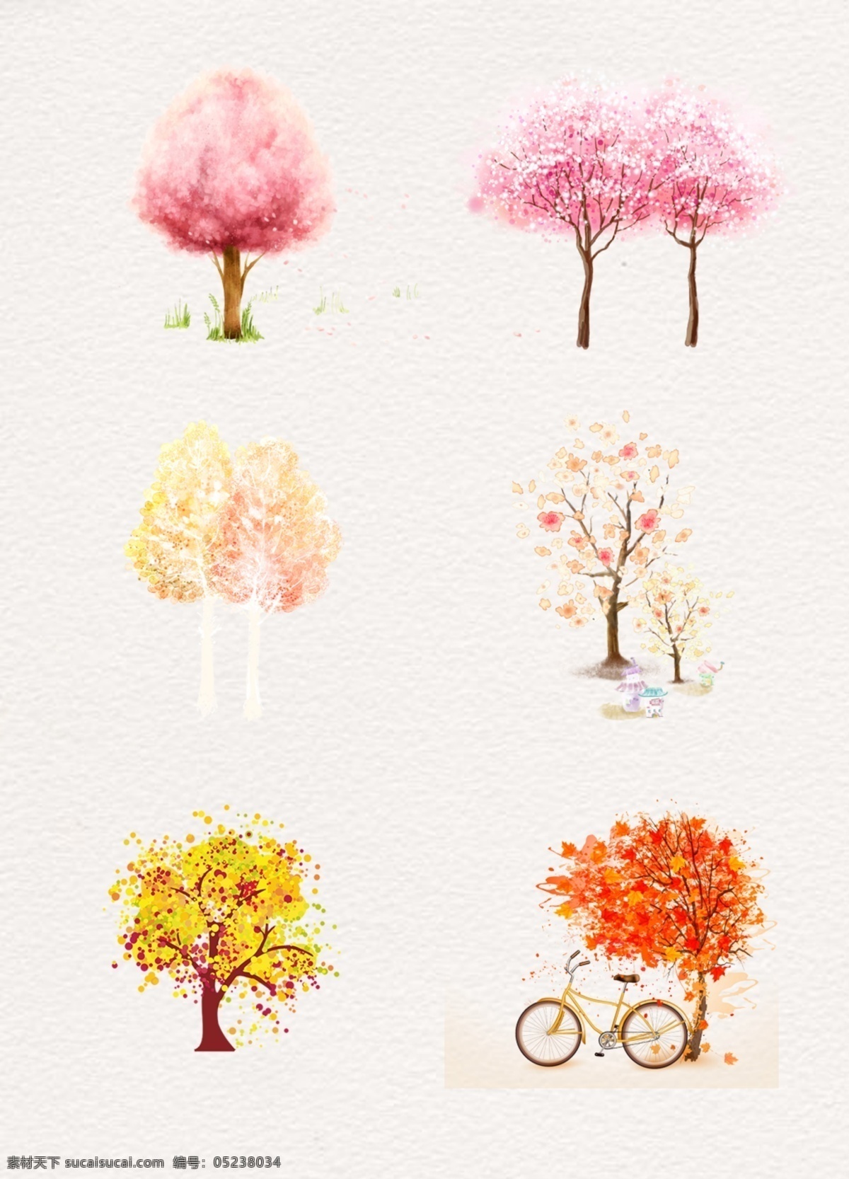 红色 调 水彩 绘画 树木 水彩树木 自行车 树叶 植物 春天 粉色树木 红色树木 彩色树木