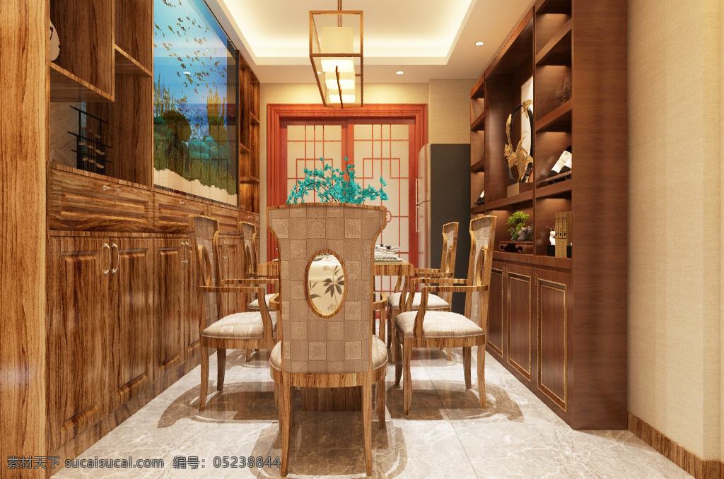 新 中式 餐厅 装饰装修 效果图 装饰画 餐桌 室内装修 室内设计 3d模型 新中式风格 新中式餐厅 餐厅效果图 边柜