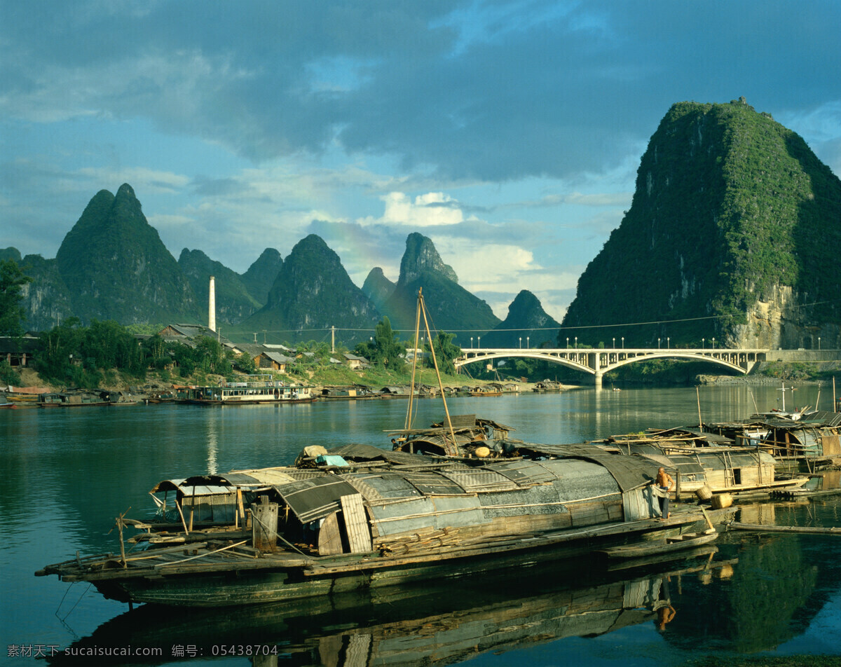 雨 后 自然风光 设计素材 高清大图 自然风景 景观 湖水 船只 大桥 彩虹 天空 白云 山峰 山水风景 风景图片