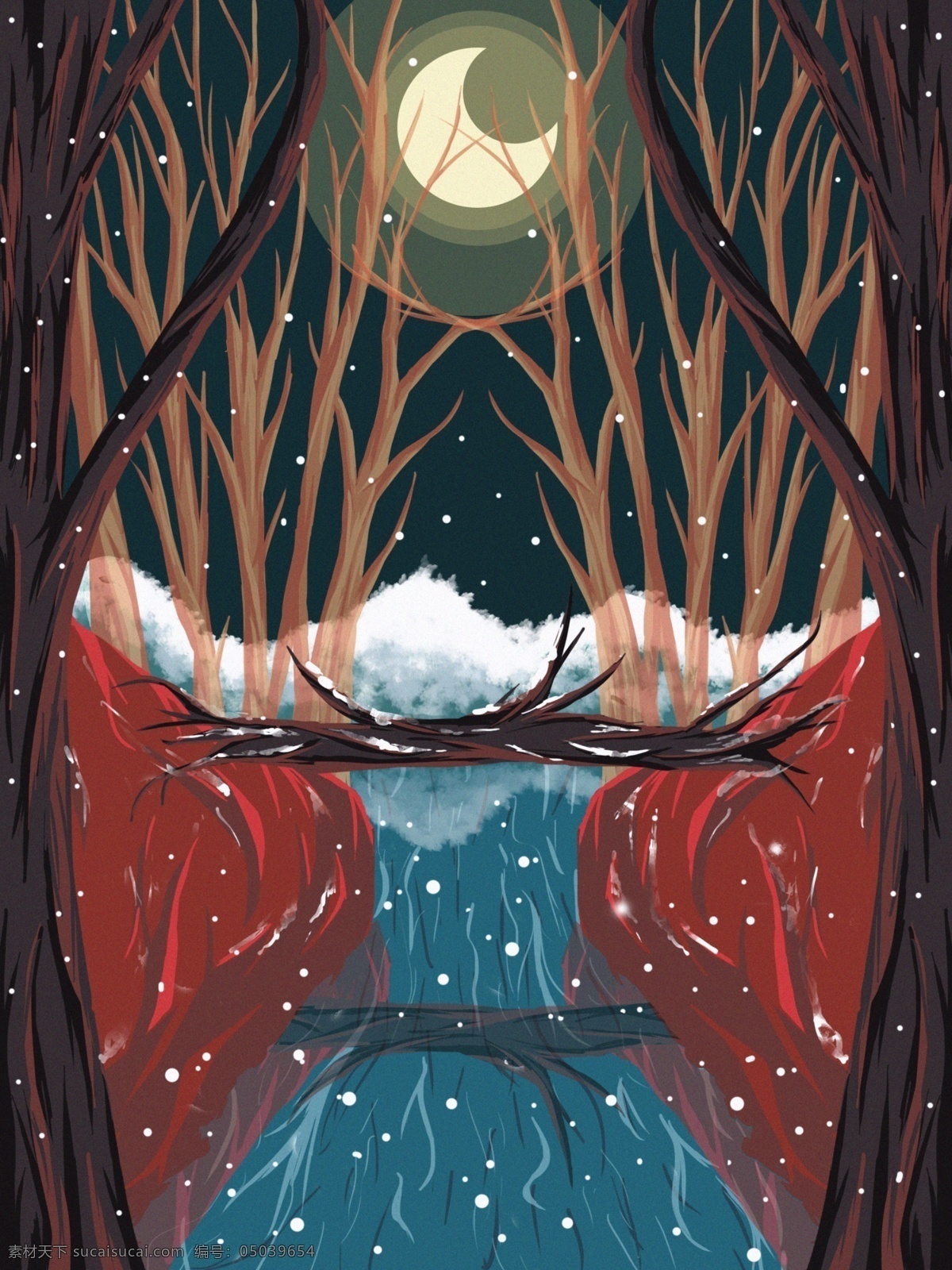 大雪 林间 雪景 唯美 治愈 插画 冬季 节气 树林