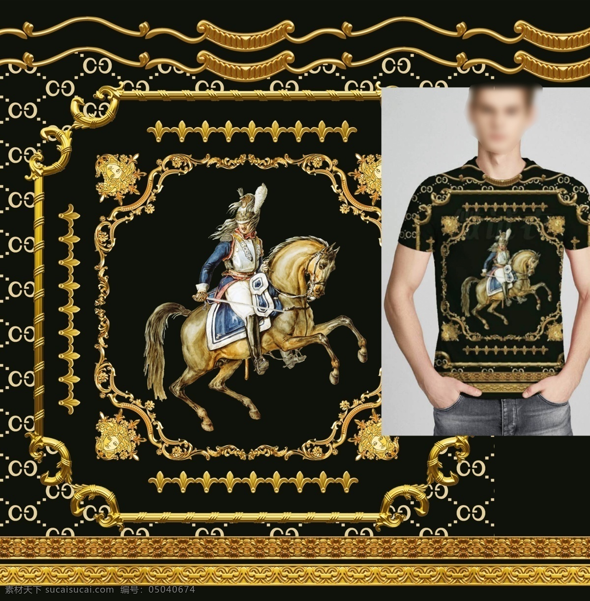 大牌男装图片 金色花边 拿破仑战马 数码印花定位 潮牌男装 时尚元素 高清图案 人物图库