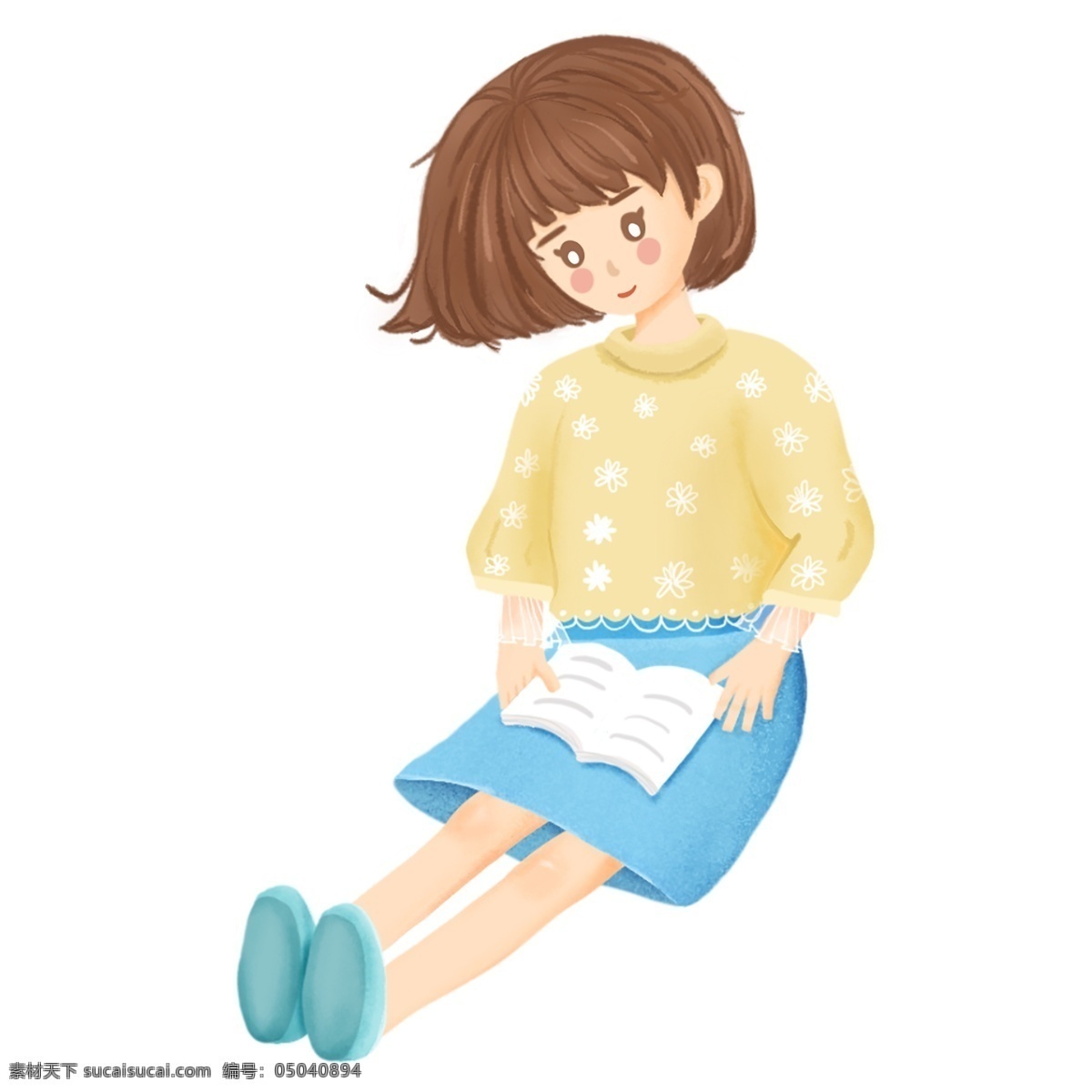 文艺 女孩 看书 插画 绘画素材 创意 简约 小清新 水彩 装饰图案 可爱 卡通