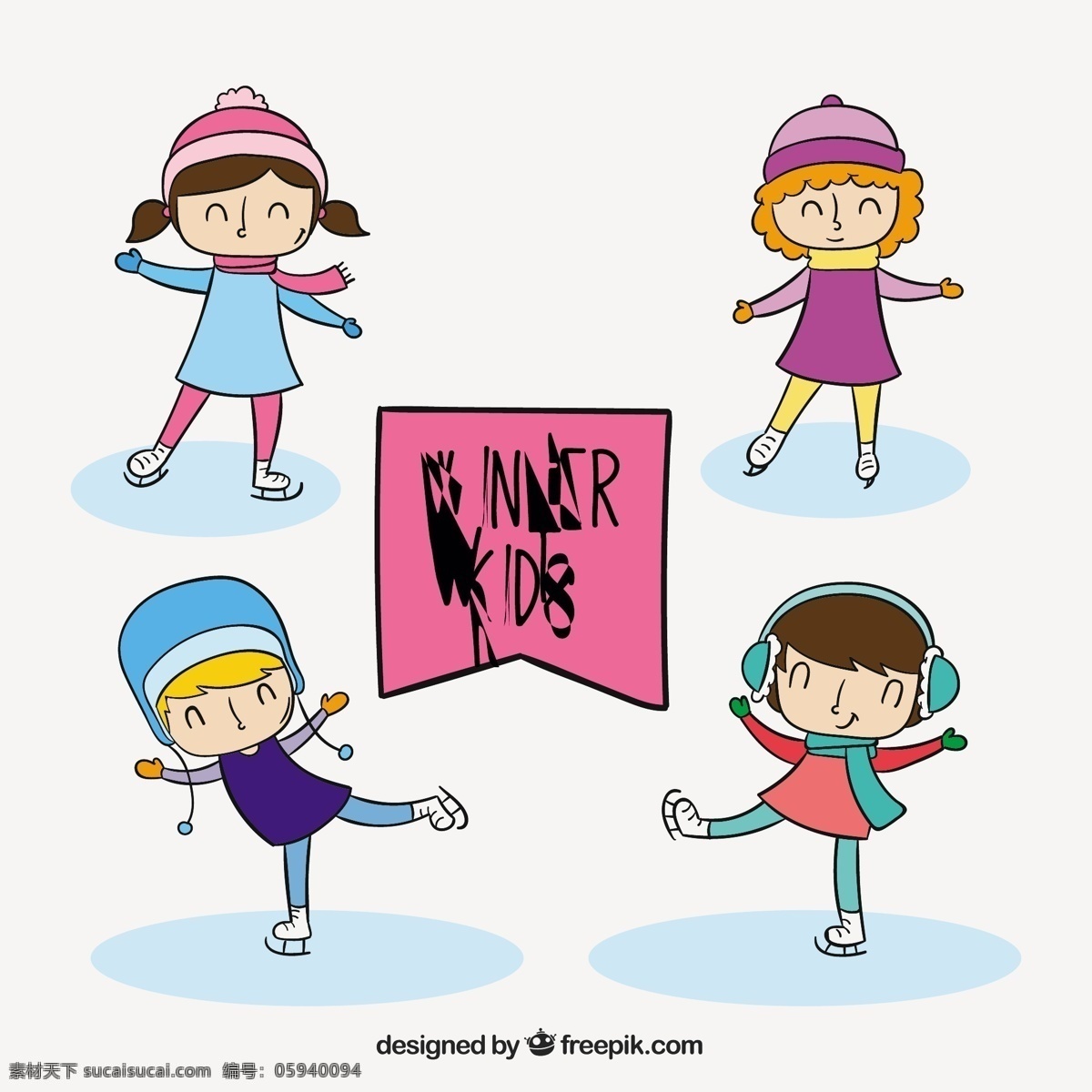 一群 快乐 孩子 穿着 冬天 衣服 溜冰 下雪 手 性格 手绘 可爱 冰 绘画 十二月 寒冷 人物 季节