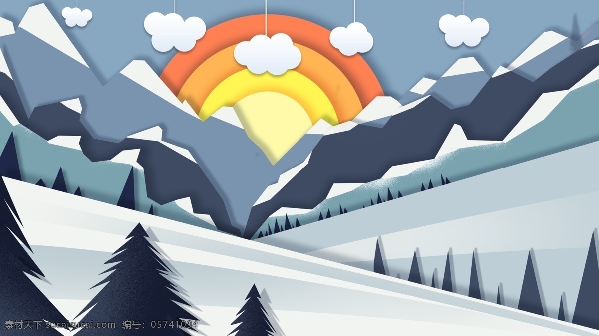 手绘 彩色 山峰 雪景 背景 冬季 背景素材 冬天快乐 广告背景素材 冬天雪景