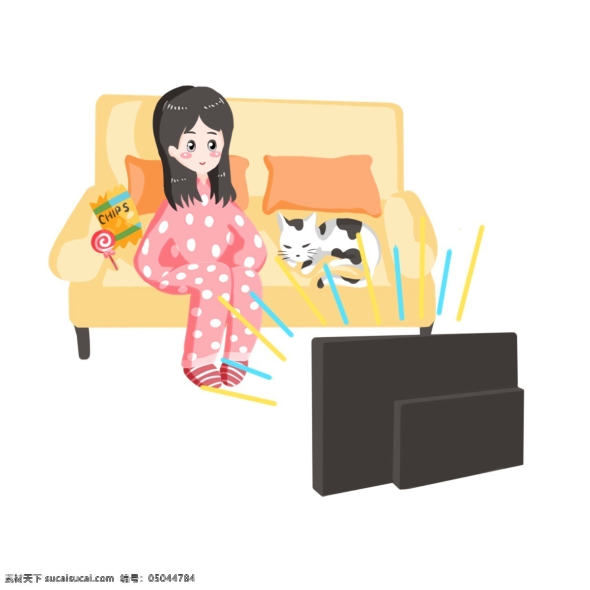 手绘 宅 女 看 电视 插画 睡觉的猫咪 卡通插画 美味的棒棒糖 黑色的电视机 在家 里 孩子 手绘宅插画