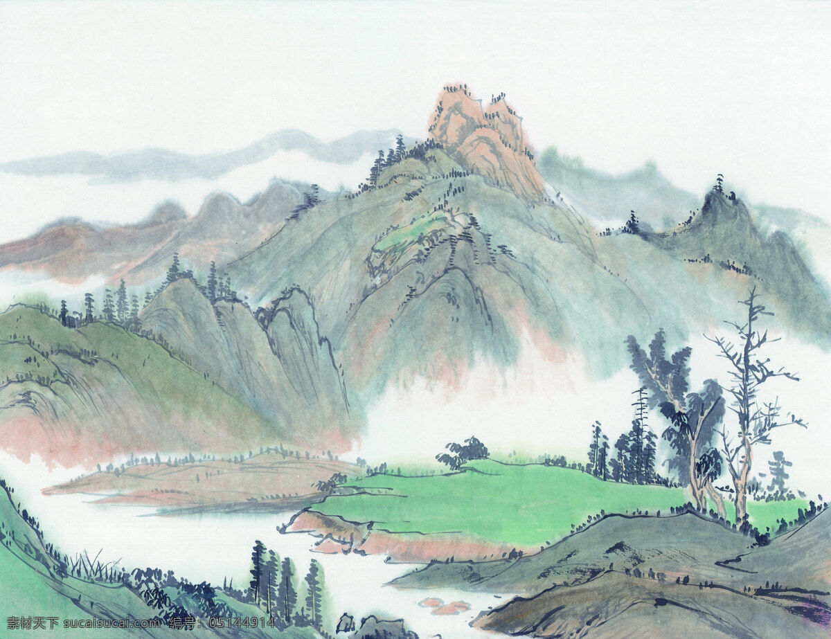 浓 情 山水画 小树 小河 远山 中国画 浓情山水画 家居装饰素材 山水风景画