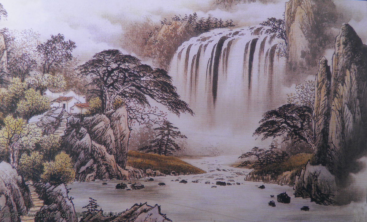 瀑布 风景 国画 瀑布风景 中国画 绘画艺术 水墨画 装饰画 中堂画 山水画 书画文字 文化艺术