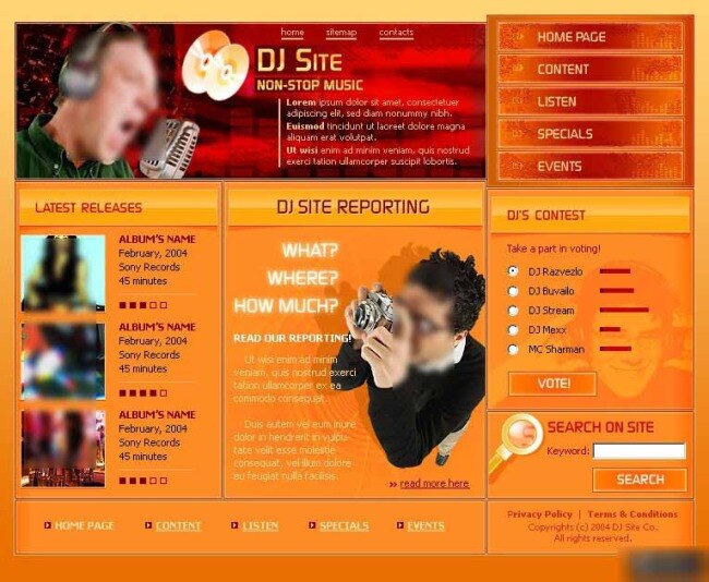 橙黄色 dj 音乐 网页模板 唱歌 欧美 相机 网页素材