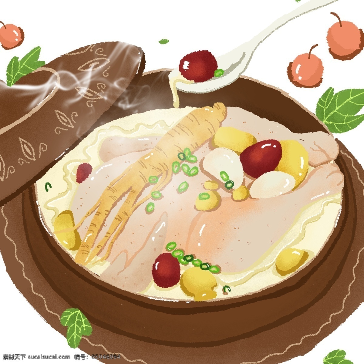 秋季 养生 鸡汤 元素 卡通 美食 插画 手绘 食物 勺子