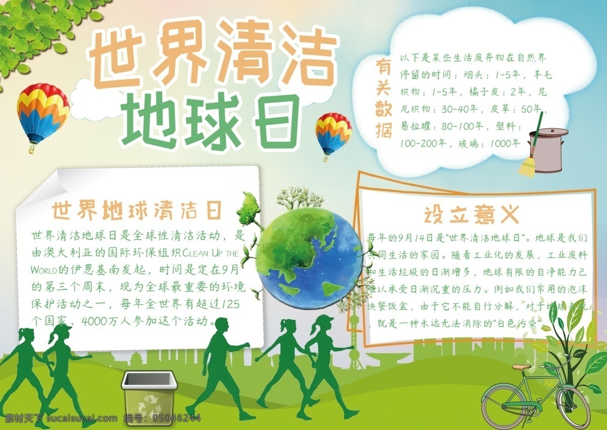 绿色 卡通 世界 地球 清洁日 手 抄报 蓝色 手抄报