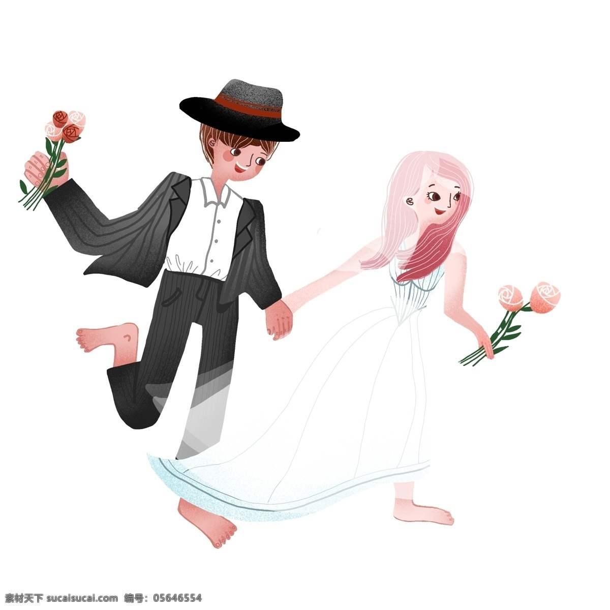 清新 赤脚 奔跑 新郎 新娘 商用 元素 卡通 开心 手绘 婚礼季 psd设计