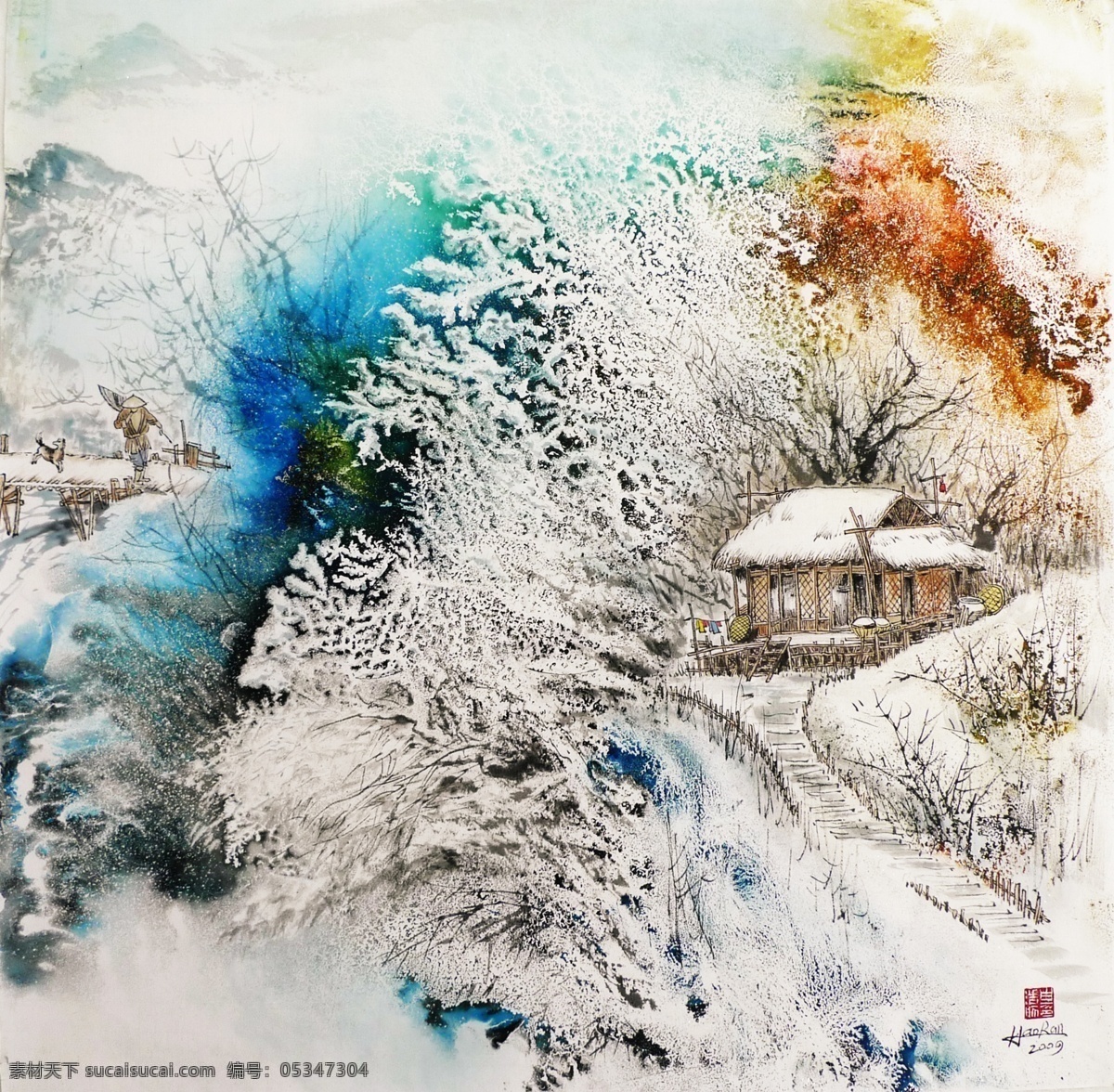 净雪 白浩然作品 泼墨画 水墨画 水墨中国 墨海堂 山水泼墨 玉树银花 琼枝玉叶 乡野情怀 红灯笼 草屋 白雪 中国山水 白雪圣境 大雪无尘 冬韵 绘画书法 文化艺术