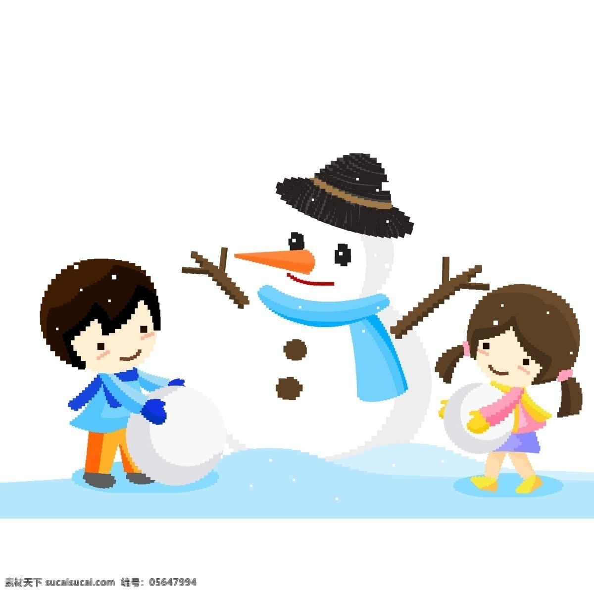 清新 大雪 中 堆 雪人 姐弟 俩 像素 化 卡通 女孩 小孩 雪花 手绘 堆雪人场景 滚雪球 男孩 雪地