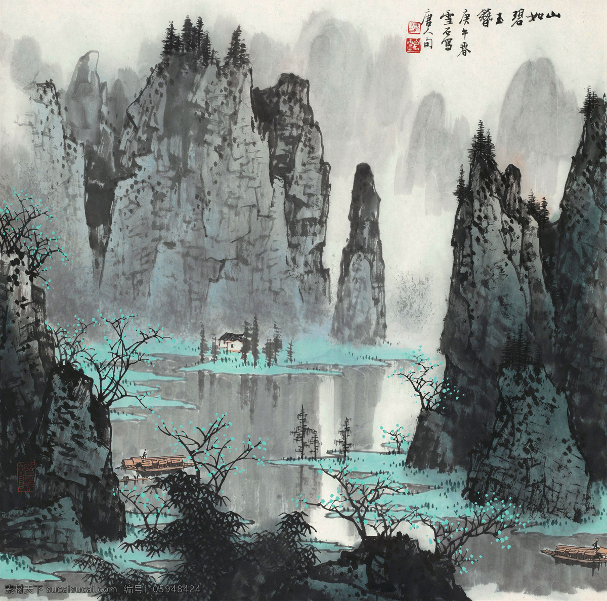 国画 绘画书法 漓江 山水 山水画 水墨画 文化艺术 山如碧玉簪 高清设计素材 高清模板下载 高清 白雪石 群峰 渔船 村舍 渔村 写意 中国画 白雪石高清