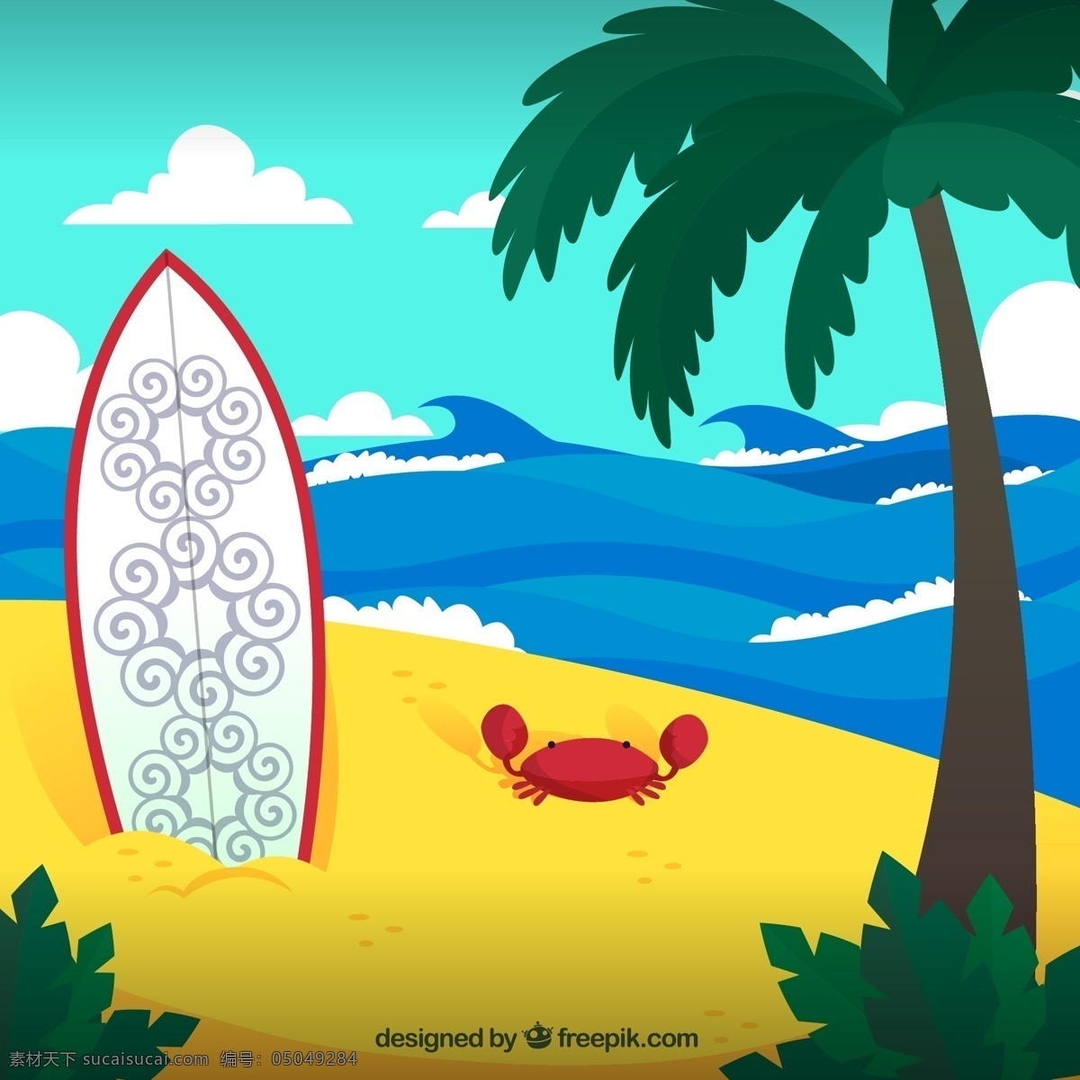 创意 沙滩 冲浪板 螃蟹 插画 矢量 椰子树 大海 花纹 度假 夏季 云朵 天空 风景 矢量图