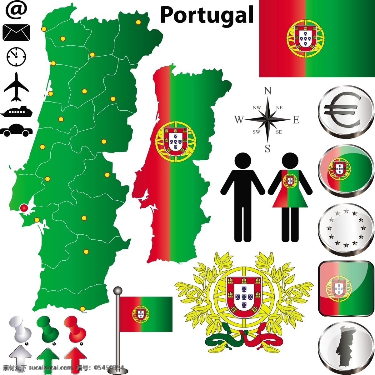 葡萄牙 地图 国旗 葡萄牙国旗 国旗图标 立体按钮 图钉 空间环境 矢量素材 白色
