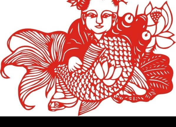 福娃抱鱼图 剪纸 福 娃娃 抱鱼 福娃抱鱼 鱼 荷花 文化艺术 传统文化 矢量图库