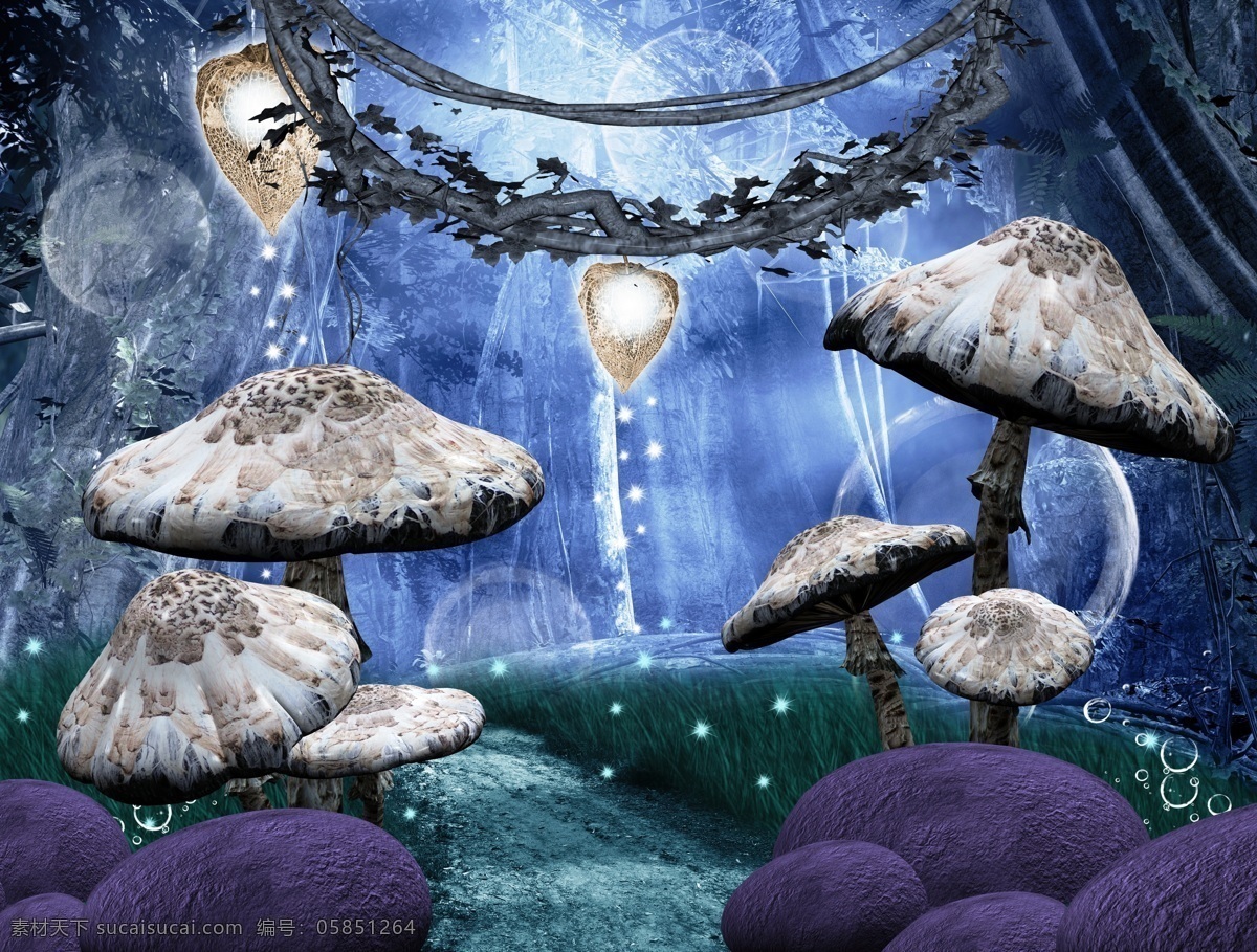 魔幻风景 装饰画 气泡 梦幻 树木 蘑菇 石头 树 绘画书法 文化艺术 自然风景 自然景观 黑色