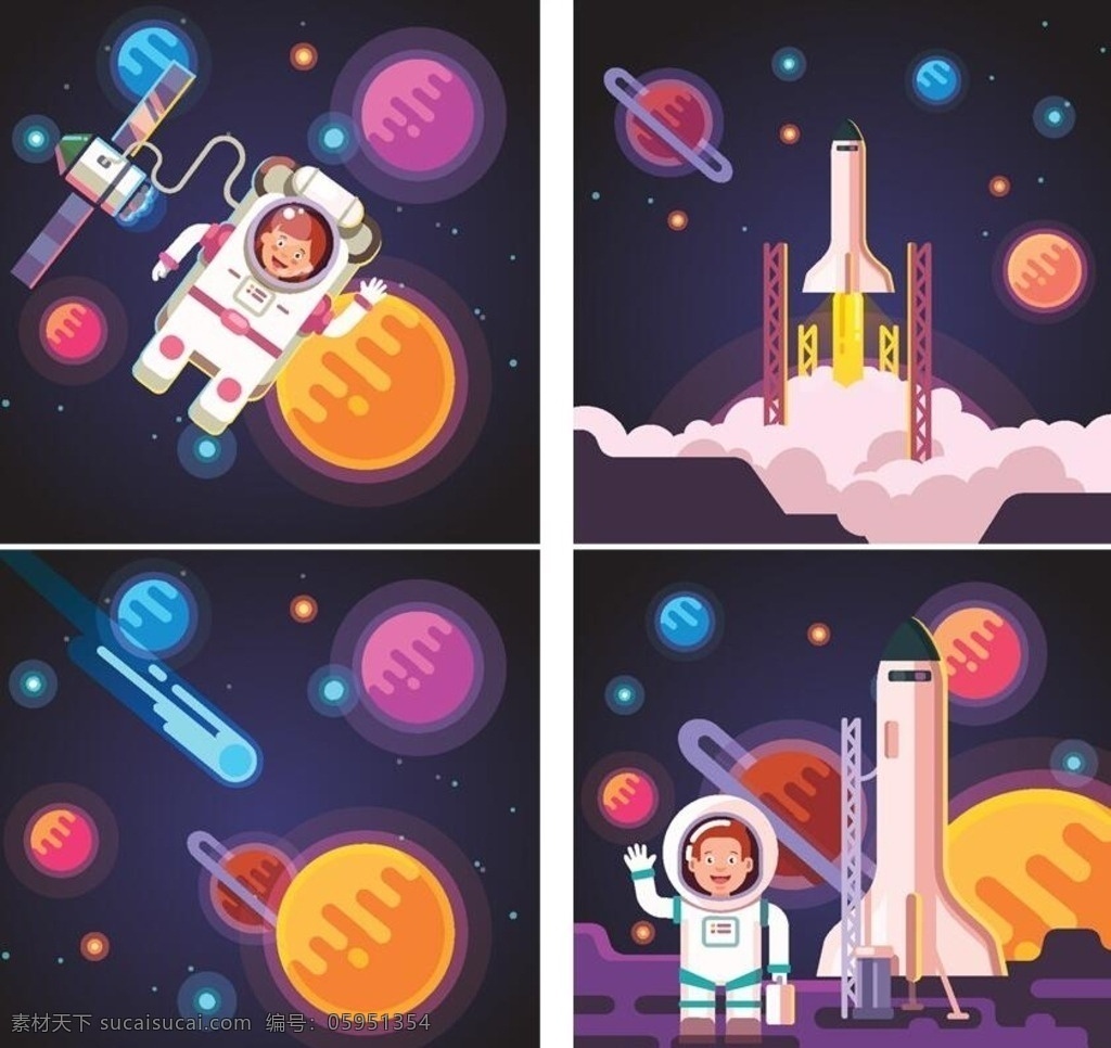 宇航员插画 太空 火箭 插画 宇宙 宇航员 星球 月球 科幻 矢量 卡通 卡通设计