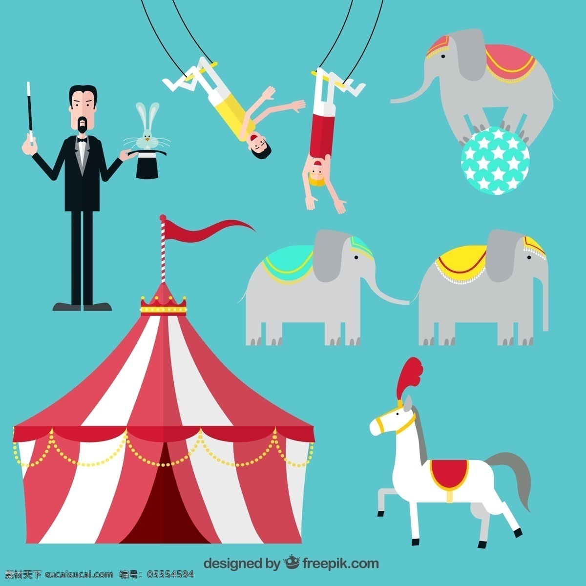 创意 马戏团 元素 矢量图 大象 魔术师 兔子 空中飞人 马 帐篷 表演 球