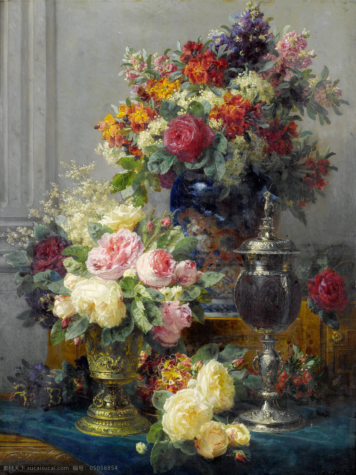 静物鲜花 混搭鲜花 永恒之美 金器 花瓶 深蓝色桌布 19世纪油画 油画 绘画书法 文化艺术