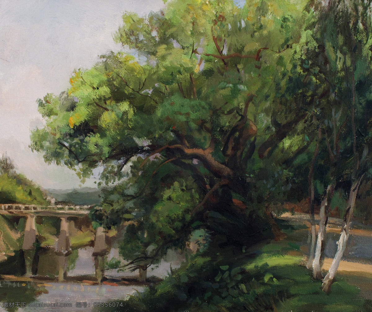江边的古树 美术 油画 风景 江流 江滩 石桥 大树 油画作品83 文化艺术 绘画书法