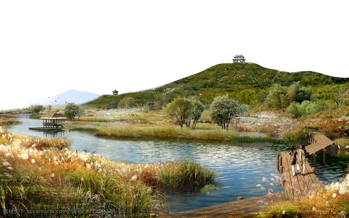 湿地 分层 效果图 湿地景观 河流 水生植物 栈道 山体 生态 景观 新农村建设 园区 节点 白色