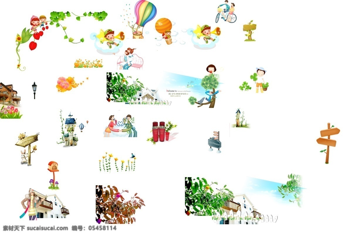 花朵 热 汽 球 吹喇叭 房子 指路牌 热汽球 psd源文件