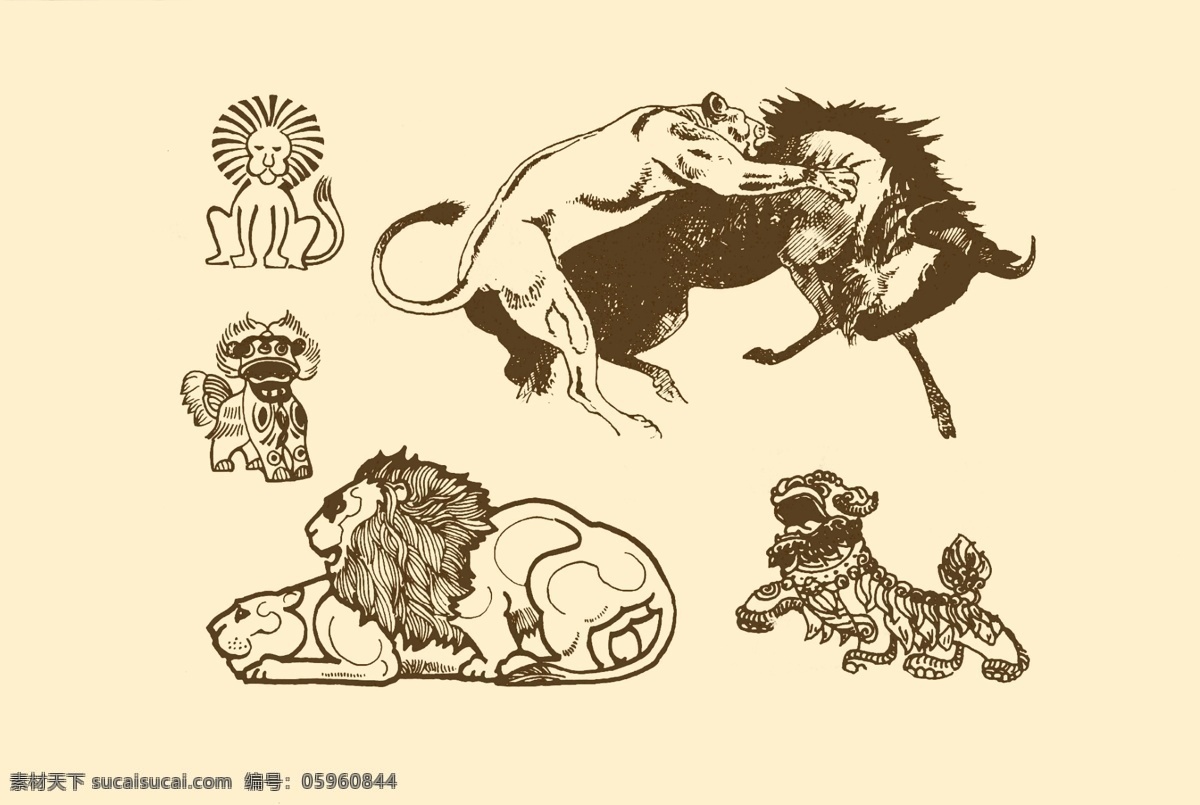 动物图案 狮子 卡通 动物 纹样 图案 白描 简笔画 儿童画 野兽 交配 分层 源文件